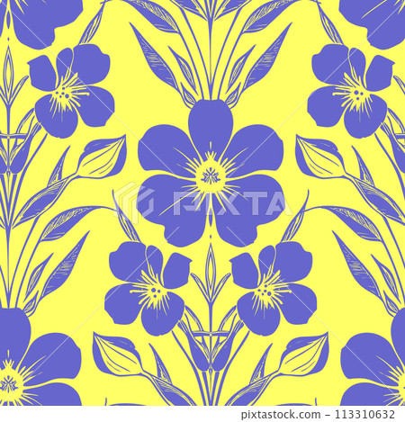 seamless pattern of blue flowers on a yellow background, texture, background 113310632