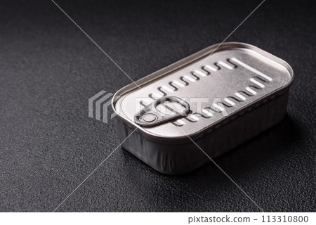 Rectangular can of fish in oil with salt and spices Rectangular can of fish in oil with salt and spices 113310800
