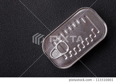 Rectangular can of fish in oil with salt and spices Rectangular can of fish in oil with salt and spices 113310801