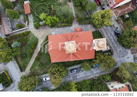 Aerial top view of church Aerial top view of church 113310892