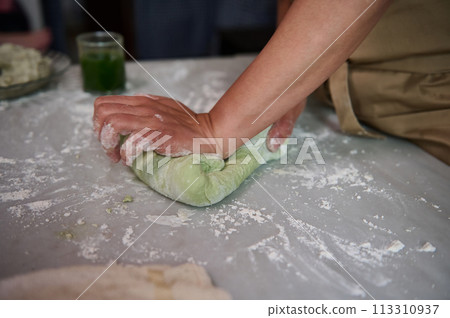 Close-up hands of a housewife kneading dough on the floured kitchen table, making dumplings for dinner Close-up hands of a housewife kneading dough on the floured kitchen table, making dumplings for dinner 113310937