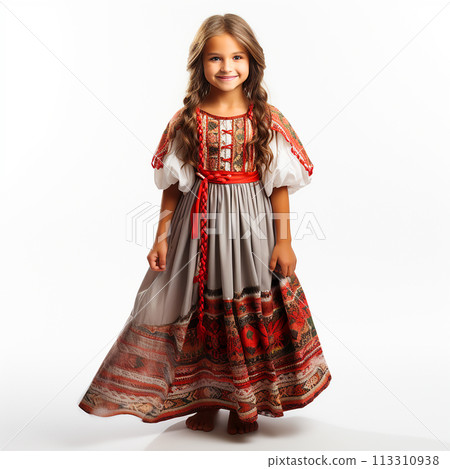 Little Argentine girl in vintage retro national clothes, portrait, close-up on white 113310938