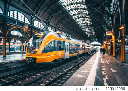 Train traveling through a train station next to a platform. Generative AI Train traveling through a train station next to a platform. Generative AI 113310968