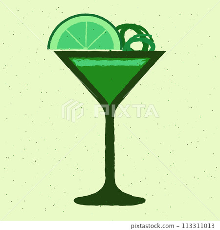 Green cocktail with lime, zest. Tequila drink with gin tonic. Martini in glass. Citrus beverage 113311013