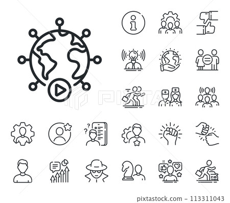 Online training sign. Specialist, doctor and job competition outline icons. Virtual conference line icon. Web presentation symbol. Video conference line sign. Vector 113311043