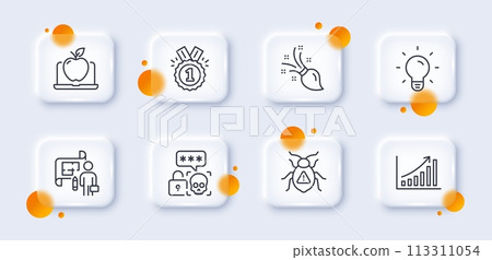 Plan, Cyber attack and Approved line icons pack. 3d glass buttons with blurred circles. Light bulb, Software bug, Laptop web icon. Graph chart, Brush pictogram. For web app, printing. Vector Plan, Cyber attack and Approved line icons pack. 3d glass buttons with blurred circles. Light bulb, Software bug, Laptop web icon. Graph chart, Brush pictogram. For web app, printing. Vector 113311054