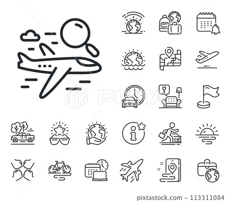 Airplane with magnifying glass sign. Plane jet, travel map and baggage claim outline icons. Search flight line icon. Find airport flights symbol. Search flight line sign. Vector Airplane with magnifying glass sign. Plane jet, travel map and baggage claim outline icons. Search flight line icon. Find airport flights symbol. Search flight line sign. Vector 113311084