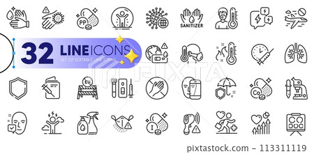 Outline set of Shield, Coronavirus and Medical mask line icons for web with Covid test, Thermometer, Difficult stress thin icon. Hand sanitizer, Vaccination passport. Vector Outline set of Shield, Coronavirus and Medical mask line icons for web with Covid test, Thermometer, Difficult stress thin icon. Hand sanitizer, Vaccination passport. Vector 113311119