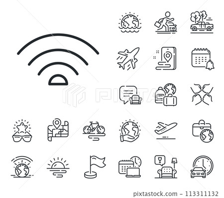 Wi-fi internet sign. Plane jet, travel map and baggage claim outline icons. Wifi line icon. Wireless network symbol. Wifi line sign. Car rental, taxi transport icon. Place location. Vector 113311132