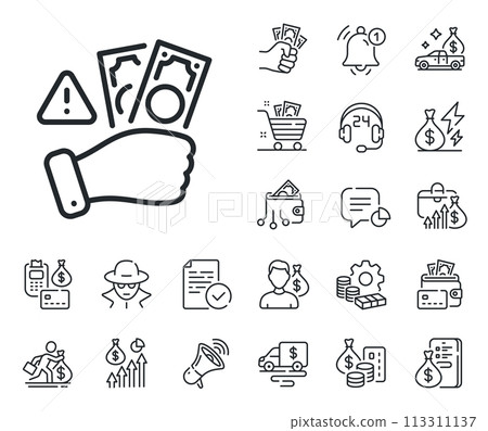 Money bribe crime sign. Cash money, loan and mortgage outline icons. Fraud line icon. Cash scam symbol. Fraud line sign. Credit card, crypto wallet icon. Inflation, job salary. Vector Money bribe crime sign. Cash money, loan and mortgage outline icons. Fraud line icon. Cash scam symbol. Fraud line sign. Credit card, crypto wallet icon. Inflation, job salary. Vector 113311137