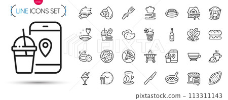 Pack of Food app, Food delivery and Potato line icons. Include Ice cream, Plate, Table knife pictogram icons. Gas grill, Spinach, Recycle water signs. Beer, Mocha, Walnut. Frying pan. Vector 113311143