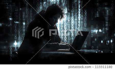 Hacker at the computer in dark Background Cyber espionage and digital security concept AI generated Hacker at the computer in dark Background Cyber espionage and digital security concept AI generated 113311180