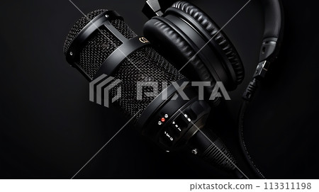 professional sound recording microphone on black background. banner with copy space AI generated 113311198