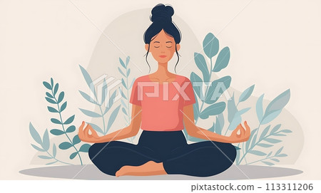 2D illustration of a yoga woman in a lotus pose with leaves on white background AI generated 2D illustration of a yoga woman in a lotus pose with leaves on white background AI generated 113311206