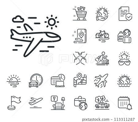 Trip flight sign. Plane jet, travel map and baggage claim outline icons. Airplane travel line icon. Holidays symbol. Airplane travel line sign. Car rental, taxi transport icon. Place location. Vector 113311287