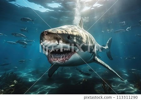 Shark close-up underwater, shark swims . 113311290