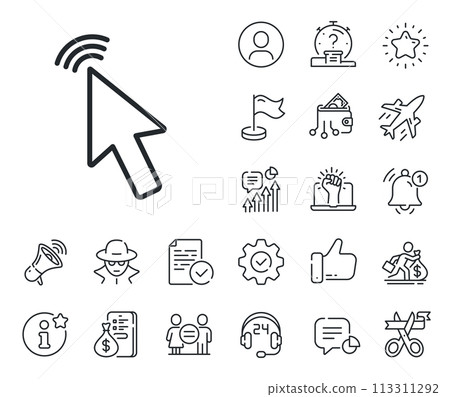 Click action sign. Salaryman, gender equality and alert bell outline icons. Mouse cursor line icon. Arrow pointer symbol. Cursor line sign. Spy or profile placeholder icon. Vector Click action sign. Salaryman, gender equality and alert bell outline icons. Mouse cursor line icon. Arrow pointer symbol. Cursor line sign. Spy or profile placeholder icon. Vector 113311292
