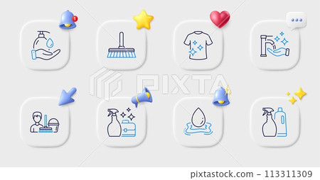 Cleanser spray, Wash hands and Cleaning mop line icons. Buttons with 3d bell, chat speech, cursor. Pack of Clean t-shirt, Shampoo and spray, Cleaning service icon. Vector 113311309