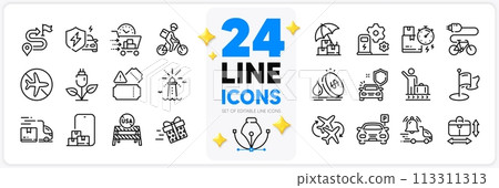 Icons set of Delivery truck, Food delivery and Car charging line icons pack for app with Connecting flight, Lighthouse, Journey thin outline icon. Luggage belt, Usa close borders. Vector 113311313