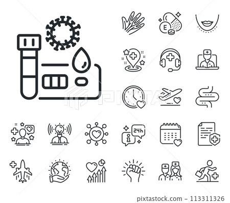 Coronavirus testing sign. Online doctor, patient and medicine outline icons. Covid test line icon. Blood test tube symbol. Covid test line sign. Veins, nerves and cosmetic procedure icon. Vector 113311326