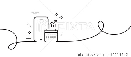 Phone calendar line icon. Continuous one line with curl. Smartphone app sign. Cellphone mobile device symbol. Phone calendar single outline ribbon. Loop curve pattern. Vector Phone calendar line icon. Continuous one line with curl. Smartphone app sign. Cellphone mobile device symbol. Phone calendar single outline ribbon. Loop curve pattern. Vector 113311342
