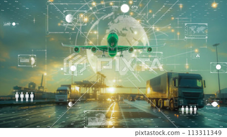 International transport and trucking routes visualized on the digital earth, digital transport concept. 113311349