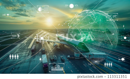International transport and trucking routes visualized on the digital earth, digital transport concept. 113311351