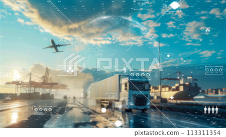 International transport and trucking routes visualized on the digital earth, digital transport concept. 113311354