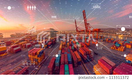 International transport and trucking routes visualized on the digital earth, digital transport concept. International transport and trucking routes visualized on the digital earth, digital transport concept. 113311372