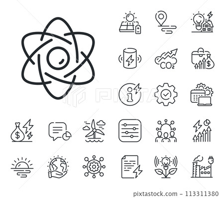Nuclear power sign. Energy, Co2 exhaust and solar panel outline icons. Atom core line icon. Nucleus energy symbol. Atom core line sign. Eco electric or wind power icon. Green planet. Vector 113311380