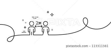 Social distancing line icon. Continuous one line with curl. 2 meters distance between sign. Coronavirus pandemic symbol. Social distancing single outline ribbon. Loop curve pattern. Vector 113311381