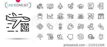 Pack of Falling star, Qr code and Waterproof umbrella line icons. Include Statistics timer, Gift, Brush pictogram icons. Budget, Waterproof, Money tax signs. Ranking stars, Cloud server. Vector Pack of Falling star, Qr code and Waterproof umbrella line icons. Include Statistics timer, Gift, Brush pictogram icons. Budget, Waterproof, Money tax signs. Ranking stars, Cloud server. Vector 113311394
