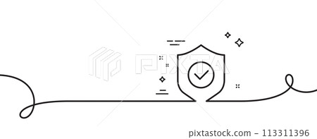 Security shield line icon. Continuous one line with curl. Cyber defence sign. Private protection symbol. Security shield single outline ribbon. Loop curve pattern. Vector 113311396