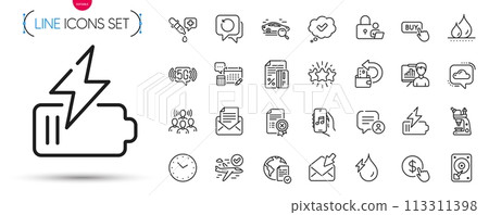 Pack of Approved, Search car and Credit card line icons. Include Team work, Time, Buy currency pictogram icons. Hydroelectricity, Mail correspondence, Chemistry pipette signs. Vector 113311398