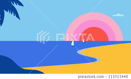 Summer and Travel concept design. Clean landscape of sea and beach. Beautiful nature palm leaf on 113311448