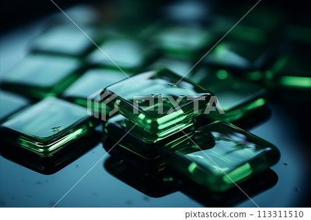 arrangement of beautiful emerald green glass shards on an elegant glass tray 113311510