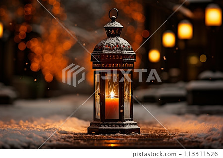 Snowy Winter Street Decorated with Candlelight Lantern and Falling Snowflakes Snowy Winter Street Decorated with Candlelight Lantern and Falling Snowflakes 113311526