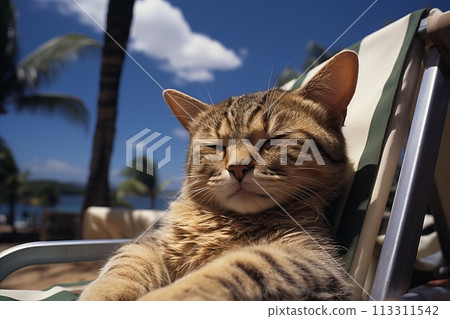 cat enjoying a relaxing sunbath on a comfy beach chair on stunning palm island cat enjoying a relaxing sunbath on a comfy beach chair on stunning palm island 113311542