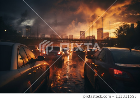 Metropolis rush hour. Traffic congestion with cars jammed in highway at sunset. Metropolis rush hour. Traffic congestion with cars jammed in highway at sunset. 113311553