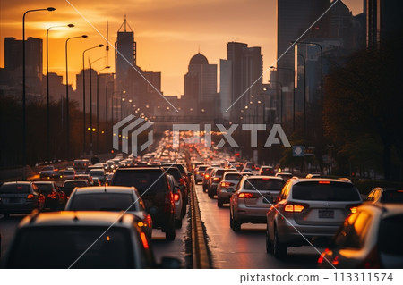 Metropolis rush hour. Sunset traffic congestion with cars jammed in highway Metropolis rush hour. Sunset traffic congestion with cars jammed in highway 113311574