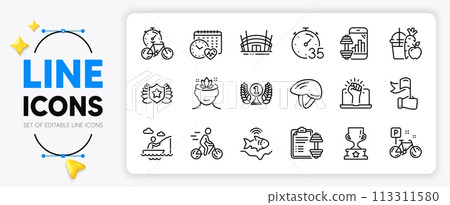 Bicycle helmet, Yoga mind and Laureate award line icons set for app include Fishfinder, Bike, Winner cup outline thin icon. Fitness app, Cardio calendar, Juice pictogram icon. Bike timer. Vector Bicycle helmet, Yoga mind and Laureate award line icons set for app include Fishfinder, Bike, Winner cup outline thin icon. Fitness app, Cardio calendar, Juice pictogram icon. Bike timer. Vector 113311580