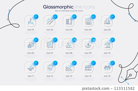 Set of Inventory checklist, Open door and Floor plan line icons for web app. Square area, Lighthouse, Eco power icons. Inspect, Stairs, Electricity price signs. Wholesale inventory. Vector 113311582