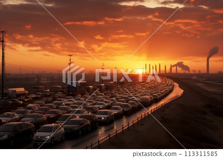 Urban traffic congestion during sunset. metropolis rush hour gridlock at highway 113311585
