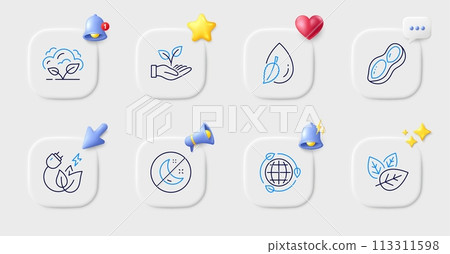 Eco energy, Water drop and Insomnia line icons. Buttons with 3d bell, chat speech, cursor. Pack of Helping hand, Co2 gas, Green energy icon. Peanut, Organic tested pictogram. Vector 113311598