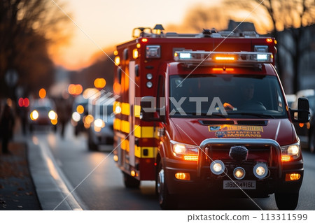 Busy metropolis during rush hour with emergency response vehicles 113311599