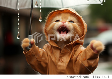 Cute standing kitten with white umbrella and brown raincoat, dripping raindrops Cute standing kitten with white umbrella and brown raincoat, dripping raindrops 113311601