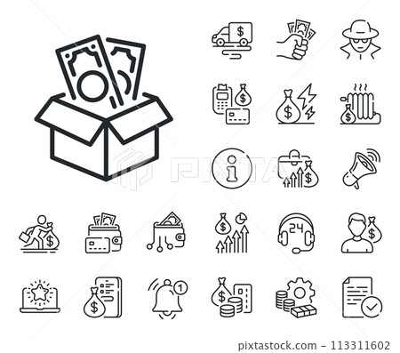 Money fraud crime sign. Cash money, loan and mortgage outline icons. Bribe line icon. Cash box symbol. Bribe line sign. Credit card, crypto wallet icon. Inflation, job salary. Vector Money fraud crime sign. Cash money, loan and mortgage outline icons. Bribe line icon. Cash box symbol. Bribe line sign. Credit card, crypto wallet icon. Inflation, job salary. Vector 113311602