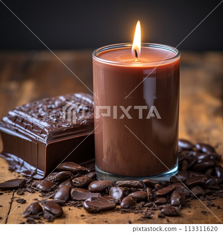 Chocolate Piece with Burning Candle in Glass, on Wooden Table. Square format 113311620