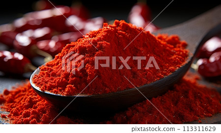 Savory Ground Paprika Powder in Black Spoon Resting on Pile of Fresh Peppers Savory Ground Paprika Powder in Black Spoon Resting on Pile of Fresh Peppers 113311629