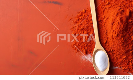 Salt in Spoon on Crushed Paprika Background. Copy Space for Text Salt in Spoon on Crushed Paprika Background. Copy Space for Text 113311632